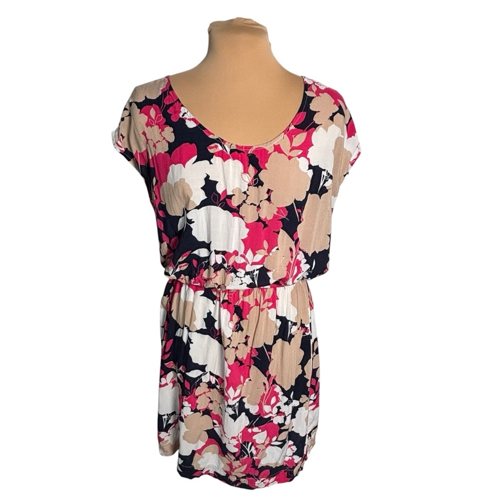 Banana Republic Floral Dress Medium Pink Navy Beige Elastic Waist Soft Viscose